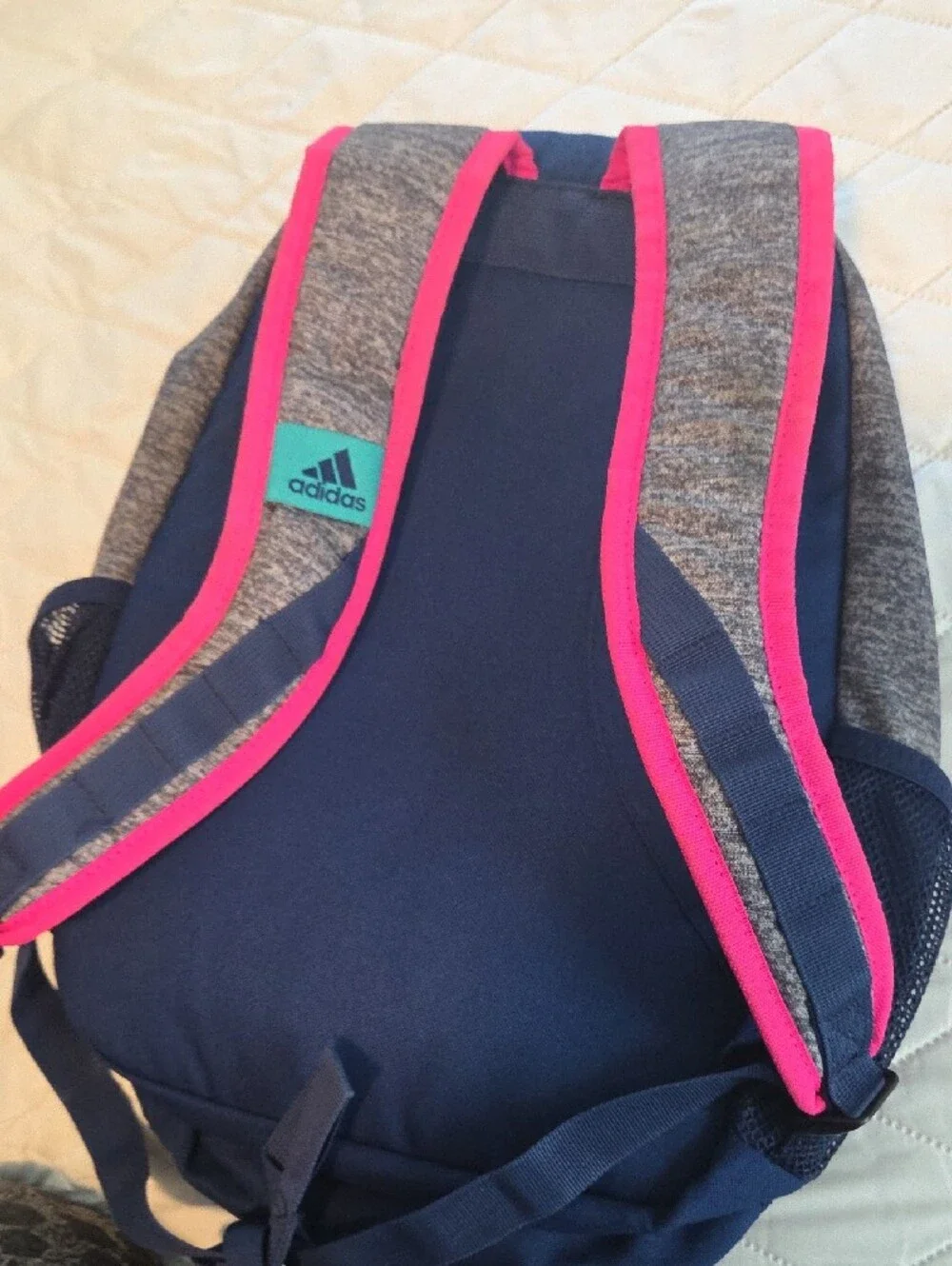 adidas Heather Gray Backpack with Pink and Teal Accents
